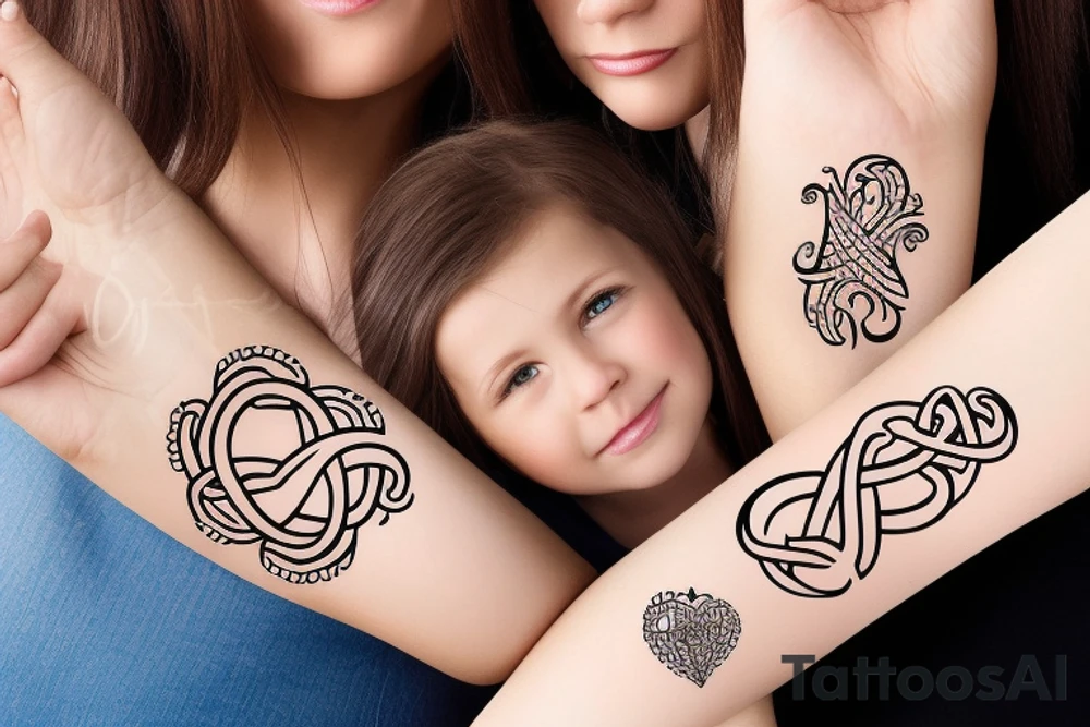 An infinity shape for a mother and three daughters. Must be inscribed "Humble and Kind". On a white background tattoo idea