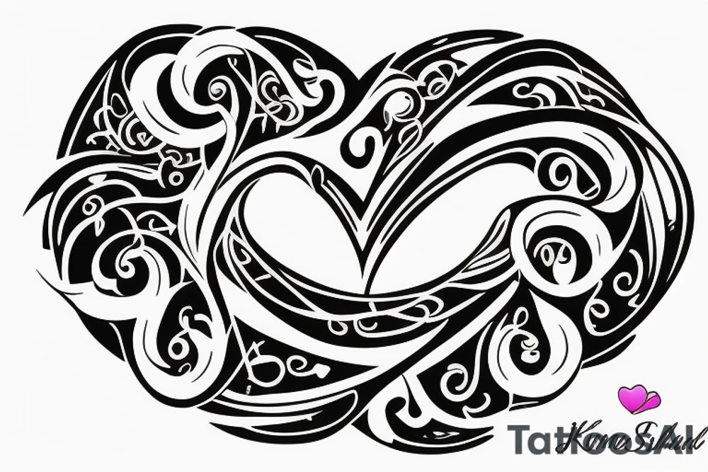 An infinity shape for a mother and three daughters. Must be inscribed "Humble and Kind". On a white background tattoo idea