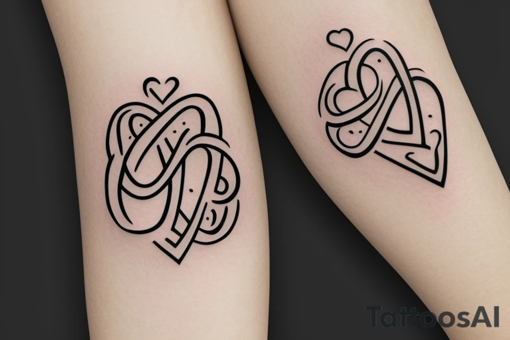 An infinity shape for a mother and three daughters. Must be inscribed "Humble and Kind". On a white background tattoo idea