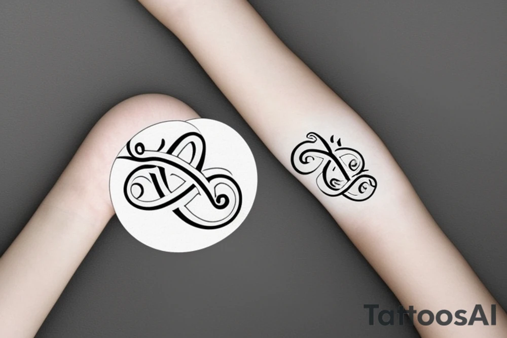 An infinity shape for a mother and three daughters. Must be inscribed "Humble and Kind". On a white background tattoo idea
