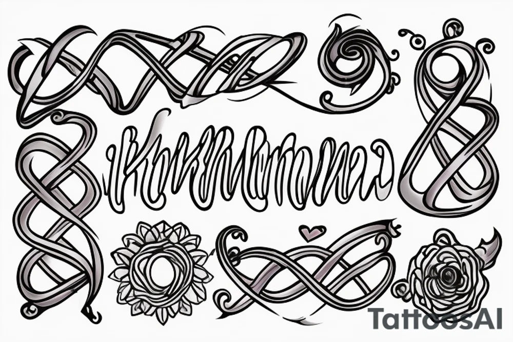 An infinity shape for a mother and three daughters. Must be inscribed "Humble and Kind". On a white background tattoo idea