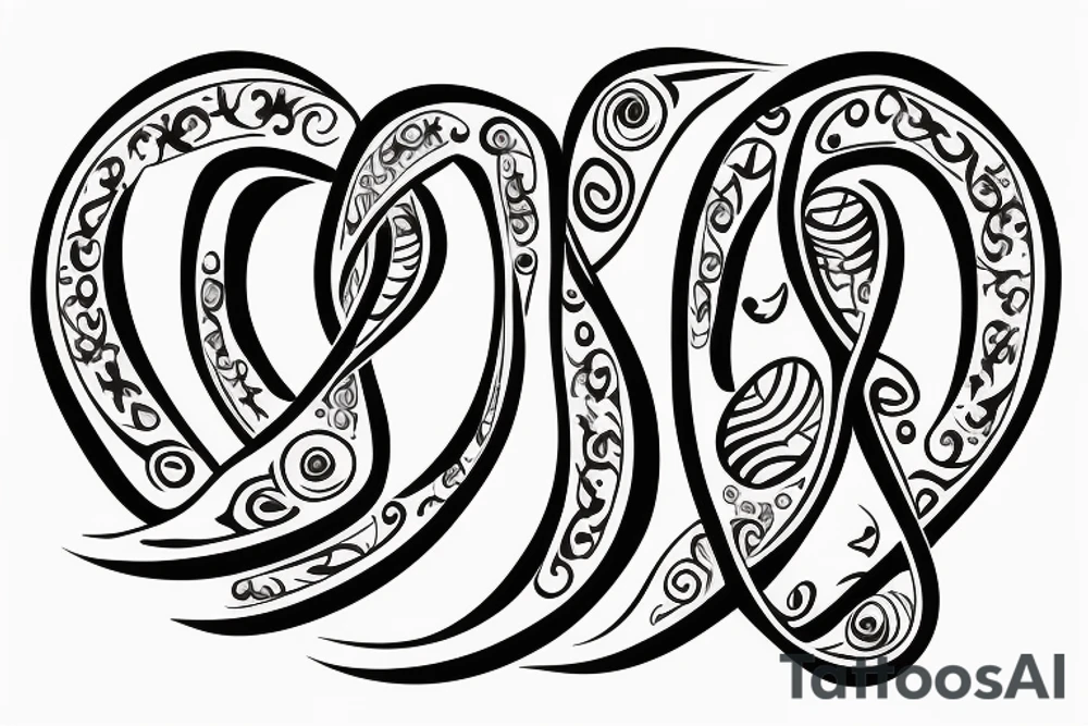 An infinity shape for a mother and three daughters. Must be inscribed "Humble and Kind". On a white background tattoo idea