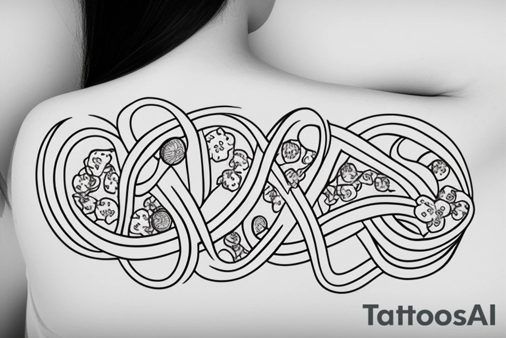 An infinity shape for a mother and three daughters. Must be inscribed "Humble and Kind". On a white background tattoo idea
