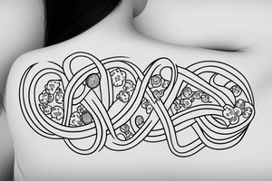 An infinity shape for a mother and three daughters. Must be inscribed "Humble and Kind". On a white background tattoo idea