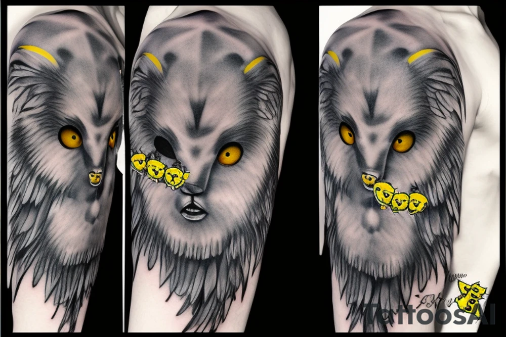 Fluffy grey teddy bear with yellow eyes, uv ink halo and wings, surrounds by uv ink stars tattoo idea