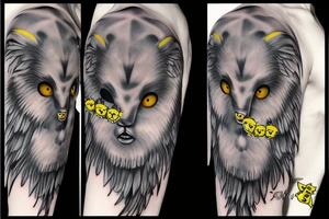 Fluffy grey teddy bear with yellow eyes, uv ink halo and wings, surrounds by uv ink stars tattoo idea