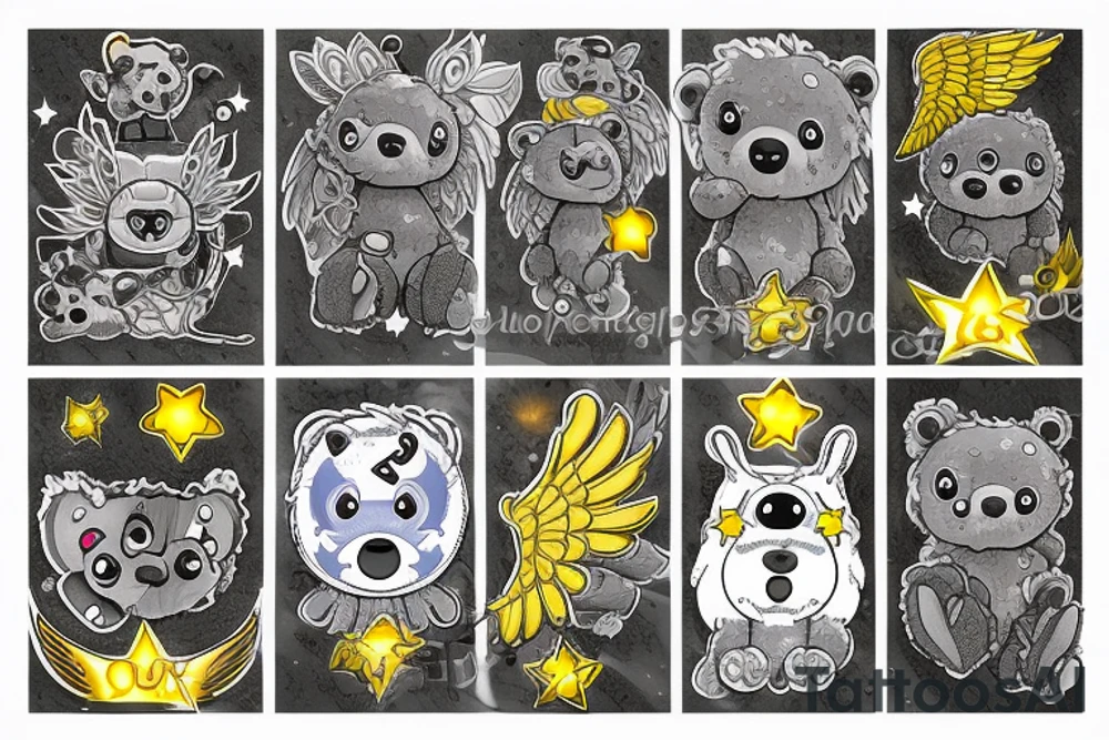 Fluffy grey teddy bear with yellow eyes, uv ink halo and wings, surrounds by uv ink stars tattoo idea