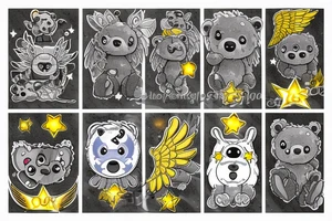 Fluffy grey teddy bear with yellow eyes, uv ink halo and wings, surrounds by uv ink stars tattoo idea