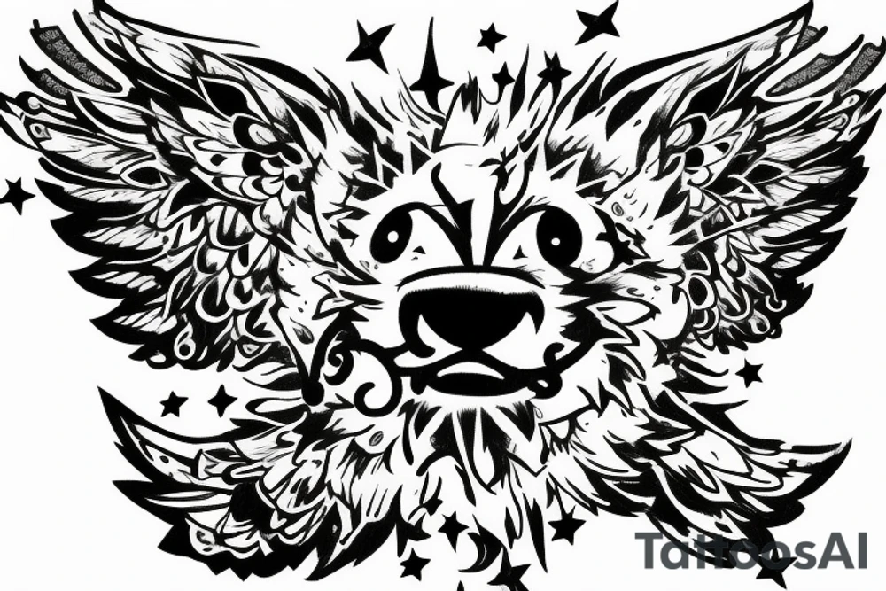 Fluffy grey teddy bear with yellow eyes, uv ink halo and wings, surrounds by uv ink stars tattoo idea