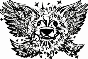Fluffy grey teddy bear with yellow eyes, uv ink halo and wings, surrounds by uv ink stars tattoo idea