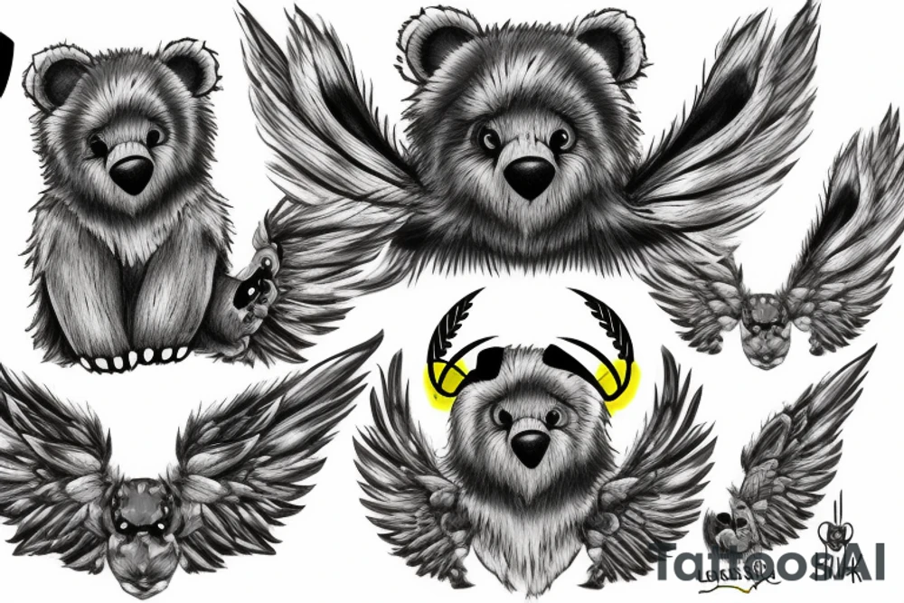 Fluffy grey teddy bear with yellow eyes, uv ink halo and wings, surrounds by uv ink stars tattoo idea