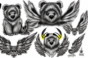 Fluffy grey teddy bear with yellow eyes, uv ink halo and wings, surrounds by uv ink stars tattoo idea