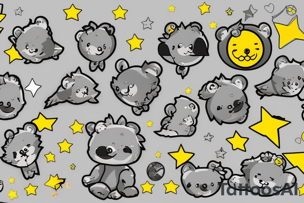 Fluffy grey teddy bear with yellow eyes, uv ink halo and wings, surrounds by uv ink stars tattoo idea