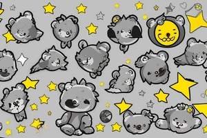 Fluffy grey teddy bear with yellow eyes, uv ink halo and wings, surrounds by uv ink stars tattoo idea