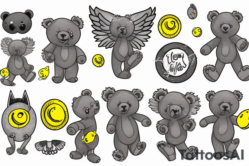 Fluffy grey teddy bear with yellow eyes, uv ink halo and wings, surrounds by uv ink stars tattoo idea