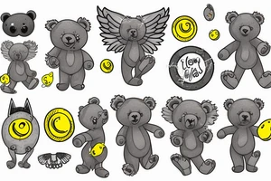 Fluffy grey teddy bear with yellow eyes, uv ink halo and wings, surrounds by uv ink stars tattoo idea