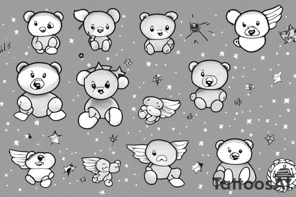 Fluffy grey teddy bear with halo and wings, surrounds by stars tattoo idea