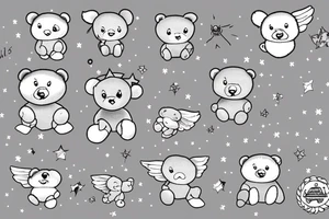 Fluffy grey teddy bear with halo and wings, surrounds by stars tattoo idea
