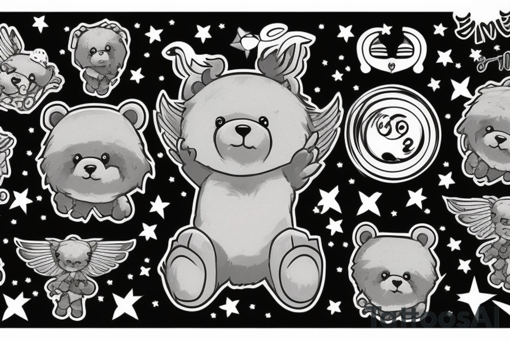 Fluffy grey teddy bear with halo and wings, surrounds by stars tattoo idea