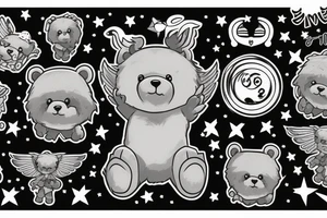Fluffy grey teddy bear with halo and wings, surrounds by stars tattoo idea
