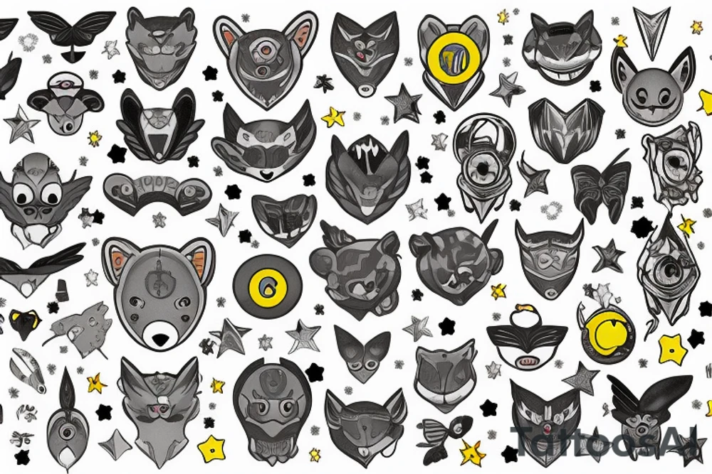 Grey teddy bear with with yellow cat eyes, glow in the dark wings and halo, surrounded by white stars tattoo idea