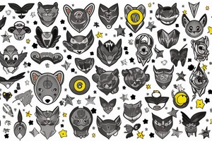Grey teddy bear with with yellow cat eyes, glow in the dark wings and halo, surrounded by white stars tattoo idea