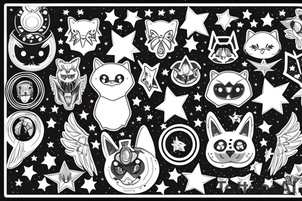 Grey teddy bear with with yellow cat eyes, glow in the dark wings and halo, surrounded by white stars tattoo idea