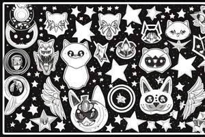 Grey teddy bear with with yellow cat eyes, glow in the dark wings and halo, surrounded by white stars tattoo idea