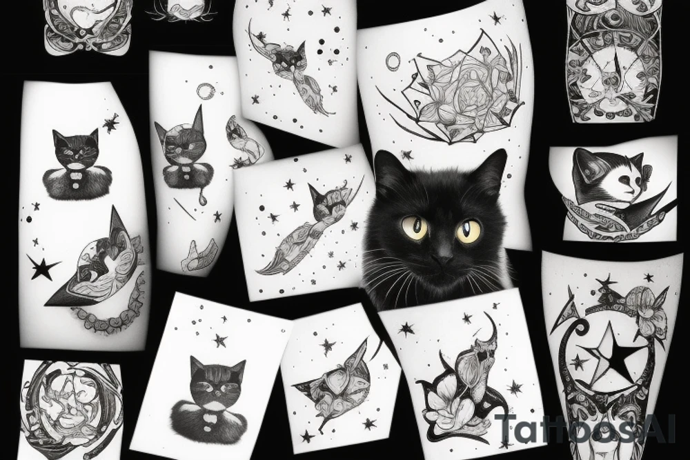 black cat looking up at stars tattoo idea