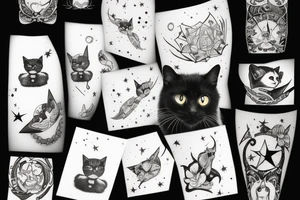 black cat looking up at stars tattoo idea