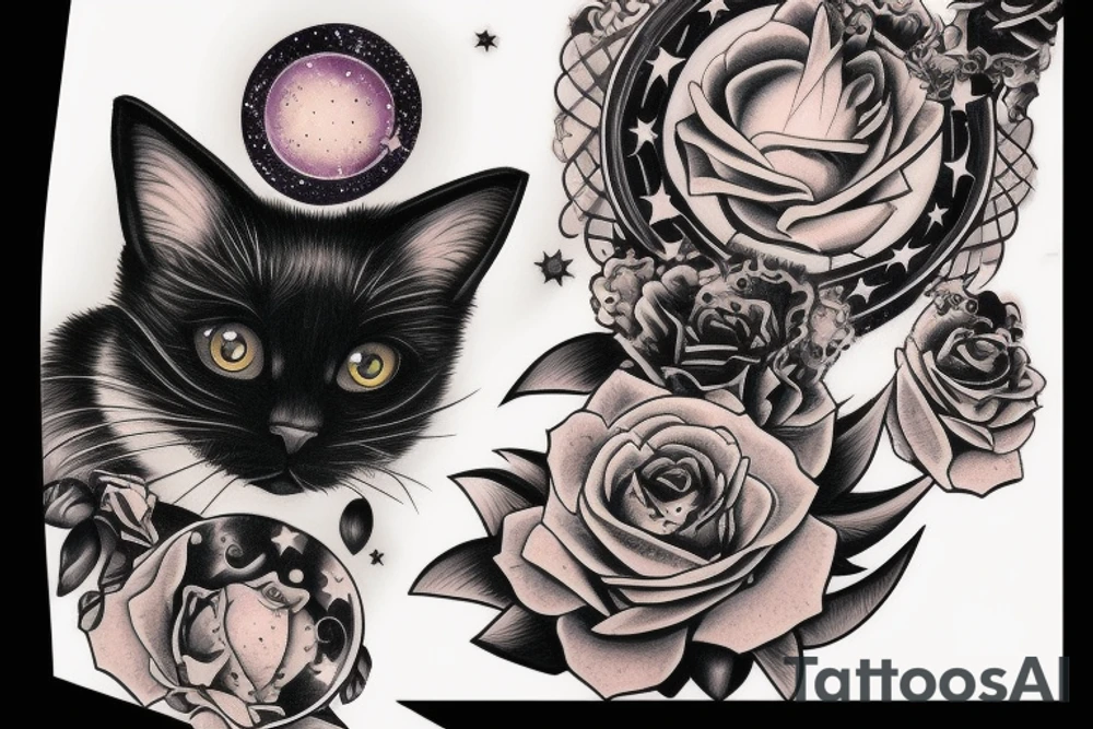 black cat looking up at stars tattoo idea
