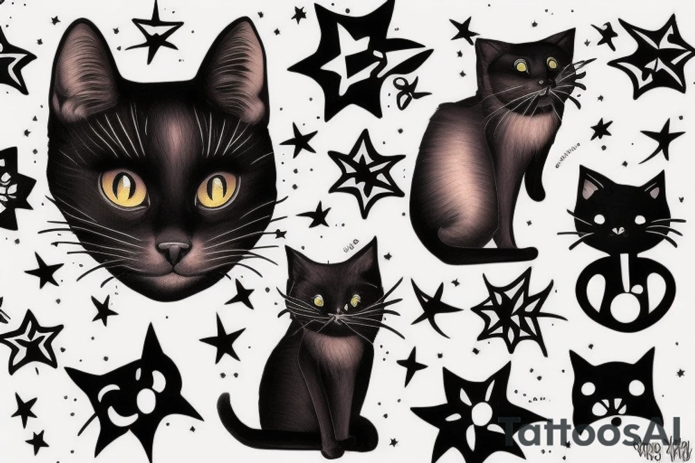 black cat looking up at stars tattoo idea