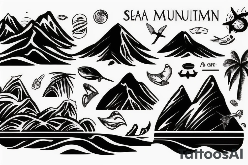 Sea, palm, mountain, plane tattoo idea