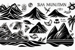 Sea, palm, mountain, plane tattoo idea