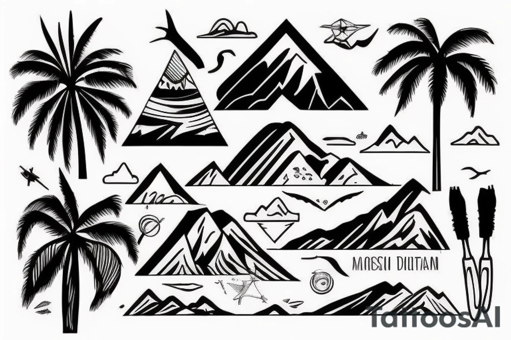 Sea, palm, mountain, plane tattoo idea