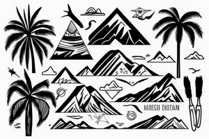 Sea, palm, mountain, plane tattoo idea