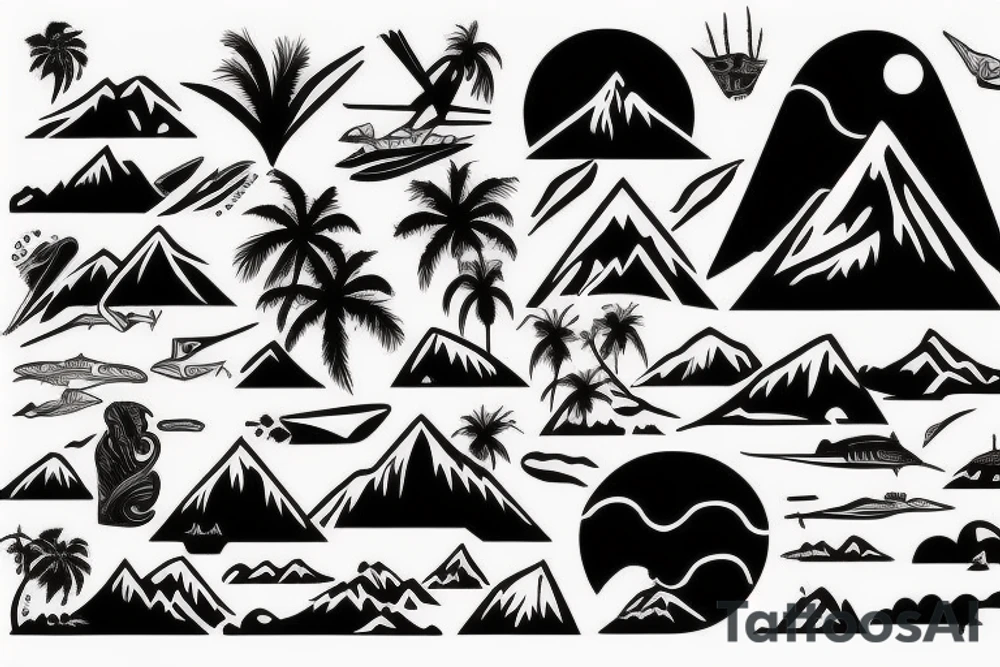 Sea, palm, mountain, plane tattoo idea
