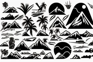 Sea, palm, mountain, plane tattoo idea
