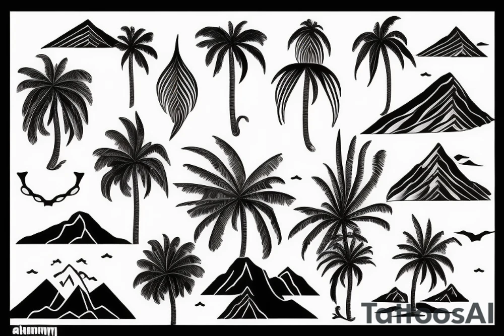 Sea, palm, mountain, plane tattoo idea
