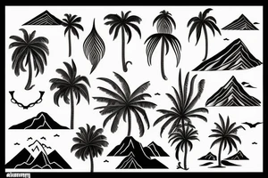 Sea, palm, mountain, plane tattoo idea