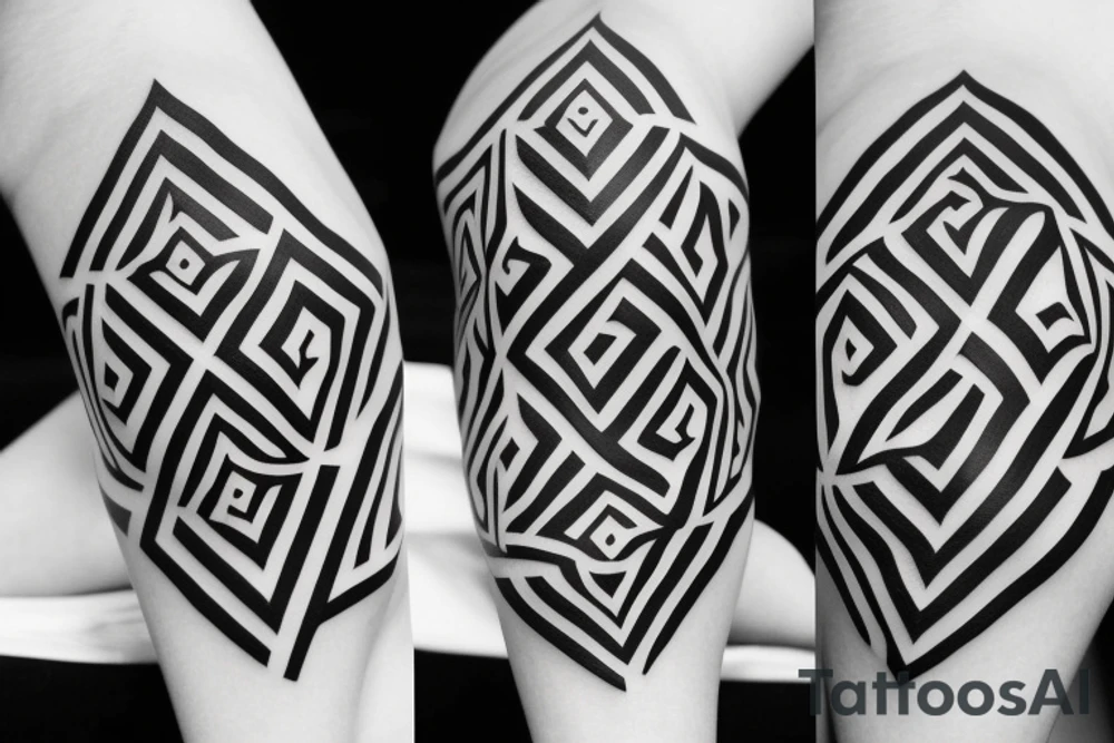 Geometric pattern tattoo performed in black on a white background in 3D tattoo idea