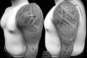 Geometric pattern tattoo performed in black on a white background in 3D tattoo idea