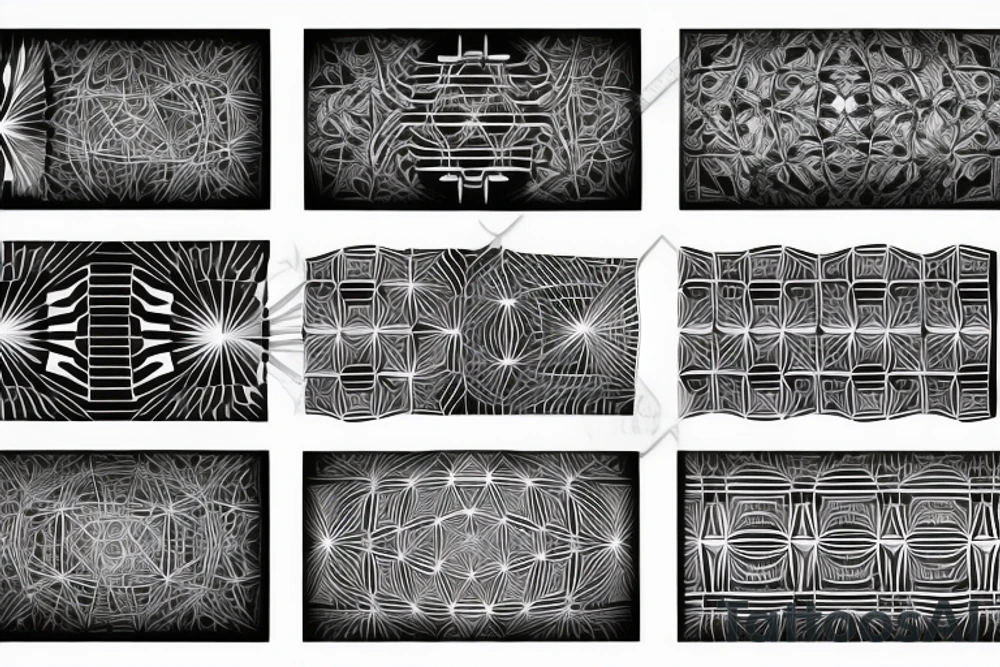 Geometric pattern tattoo performed in black on a white background in 3D tattoo idea