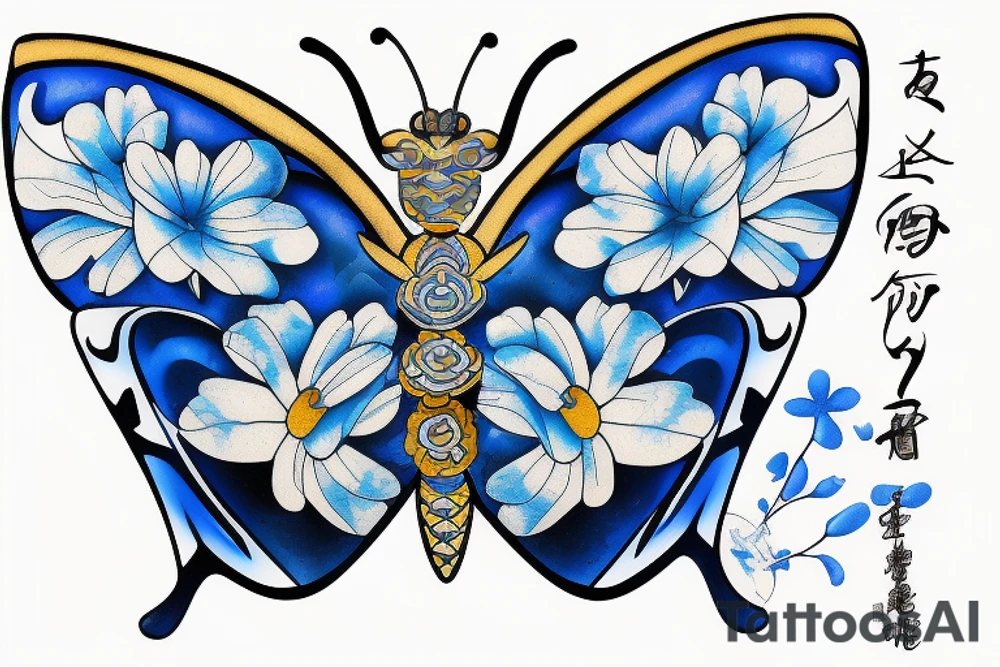 a butterfly made of a blue and white ming vase broken and glued back together with goldleaf tattoo idea