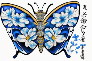 a butterfly made of a blue and white ming vase broken and glued back together with goldleaf tattoo idea