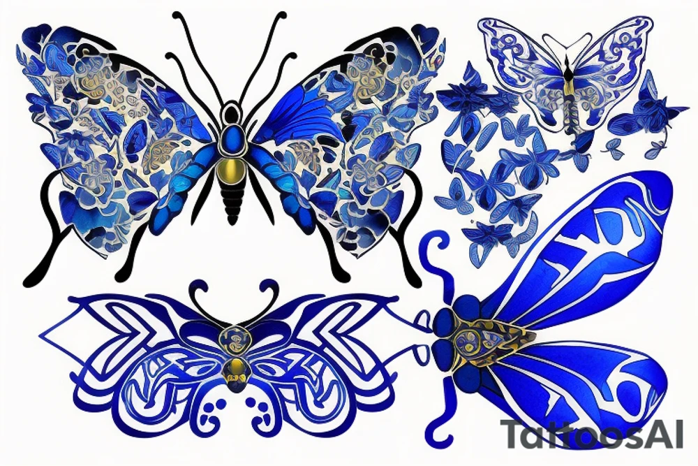 a butterfly made of a blue and white ming vase broken and glued back together with goldleaf tattoo idea