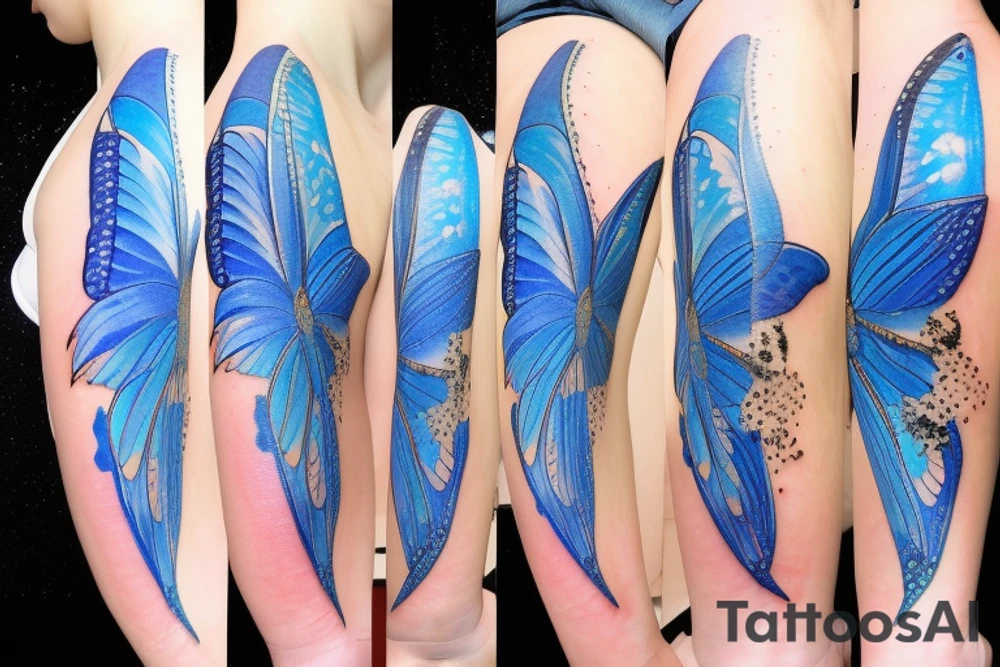 a butterfly made of a blue and white ming vase broken and glued back together with goldleaf tattoo idea