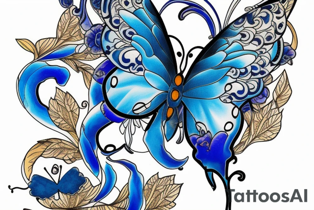 a butterfly made of a blue and white ming vase broken and glued back together with goldleaf tattoo idea