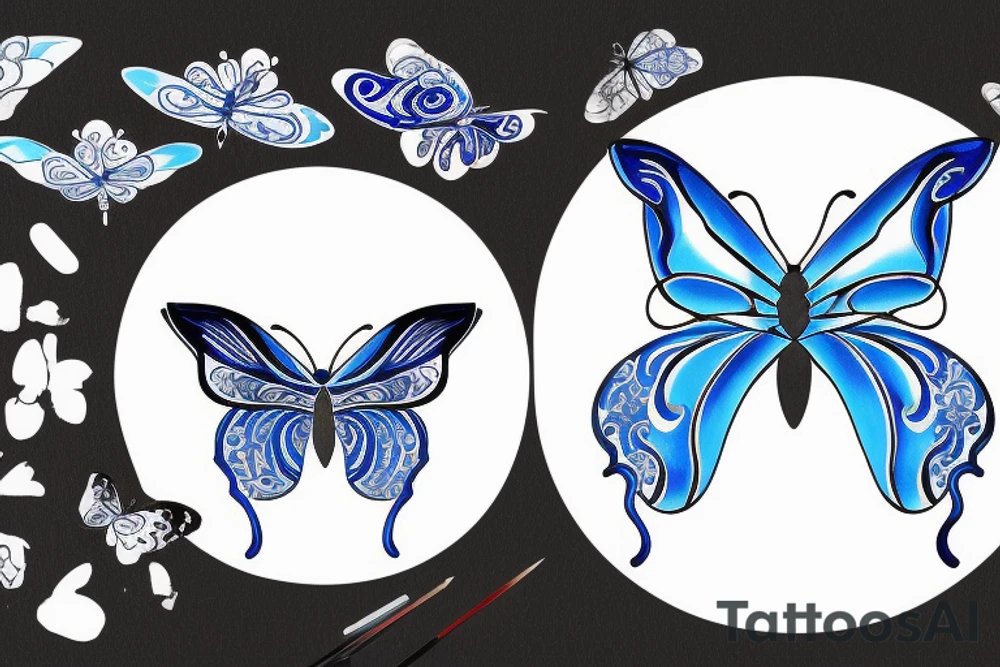 a butterfly made of a blue and white ming vase broken and glued back together with goldleaf tattoo idea