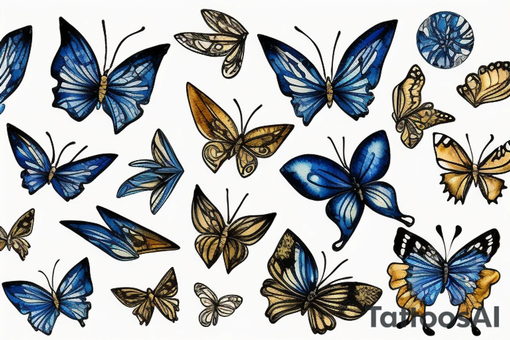 a blue and white kintsugi butterfly gold tattoo idea